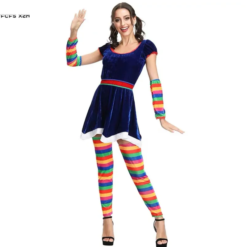 Rainbow Color Woman Halloween Circus Clown Costumes Female Droll Joker Cosplay Carnival Purim Masquerade Role play party dress