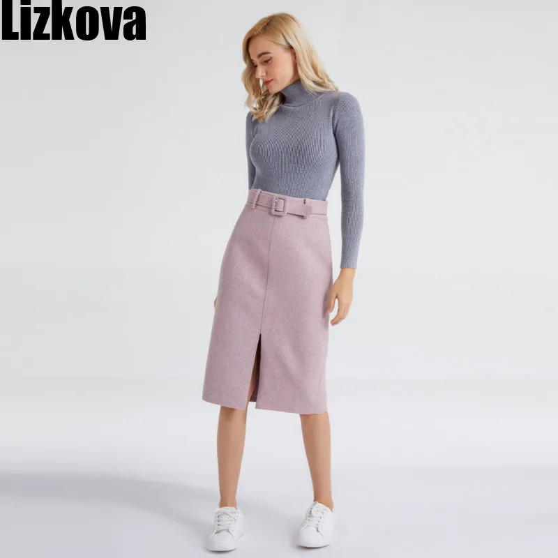 Женская юбка карандаш Lizkova розовая с высокой талией и разрезом элегантная