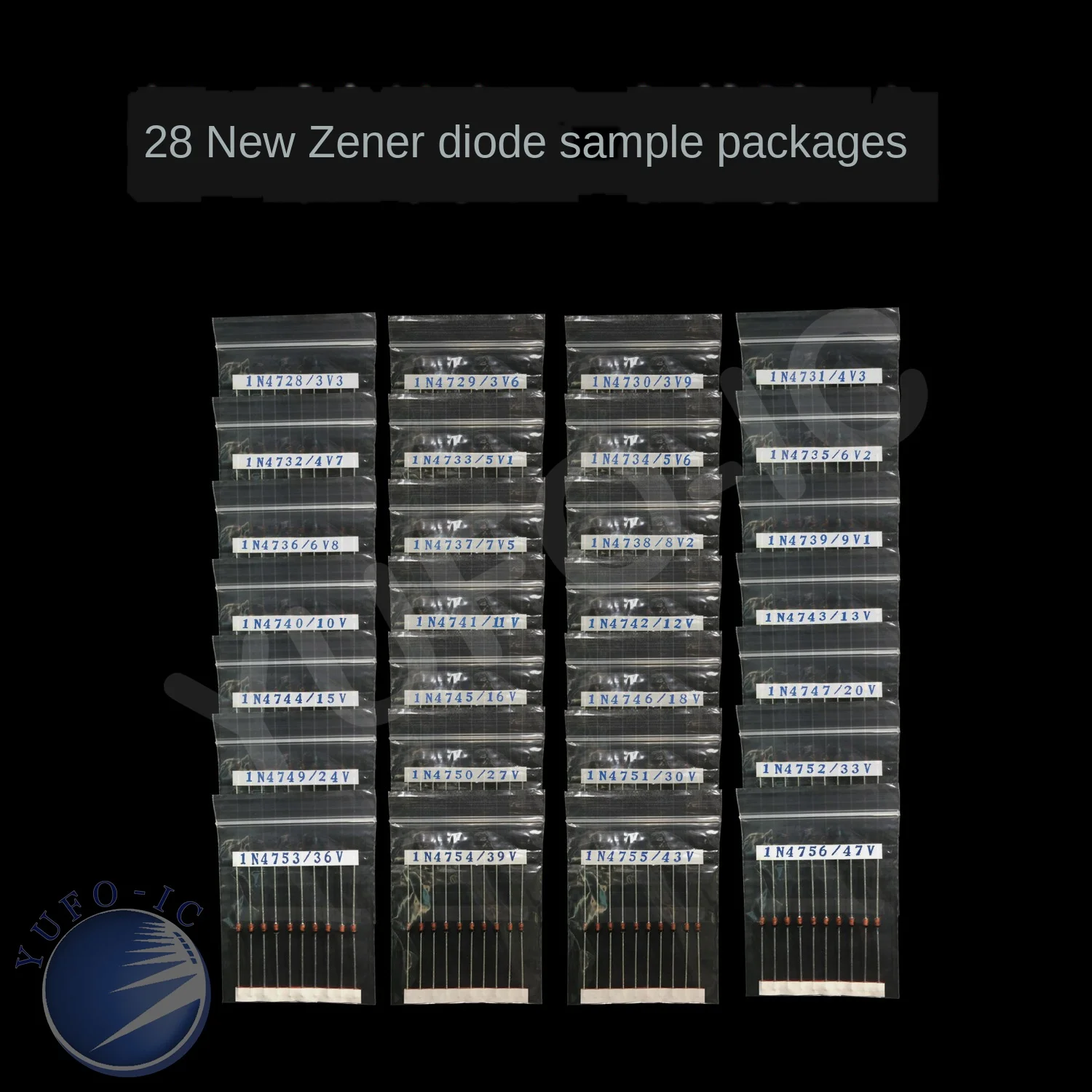 Комплект стабилитронных диодов 1n4742a/1n4756a, 1 Вт, 280-47 в, 28 значений * 10 шт. = 3,3 шт.
