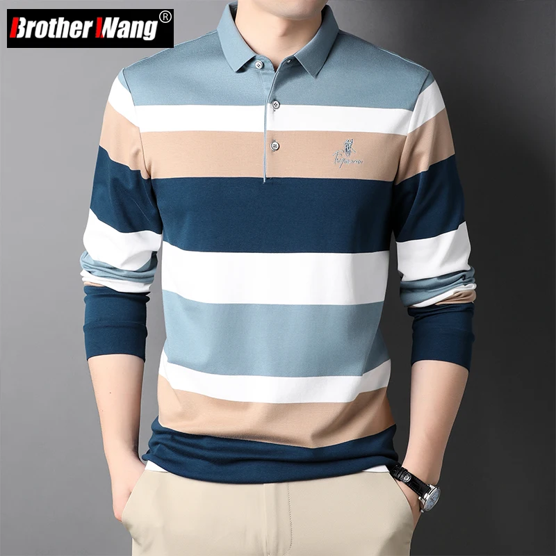 

2022 Spring New Men's Cotton Striped Long-sleeved Polo Shirt Business Casual High Quality Lapel Straight Polo Shirt Male Brand