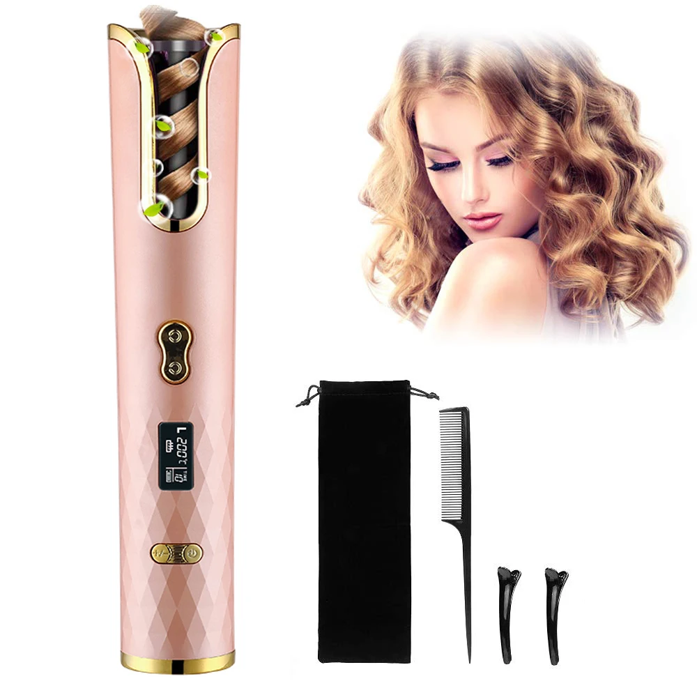 

Cordless Auto Curler Automatic Curling Iron USB Rechargeable Temperature Adjustable Auto Rotating Curling Wand With LCD Display