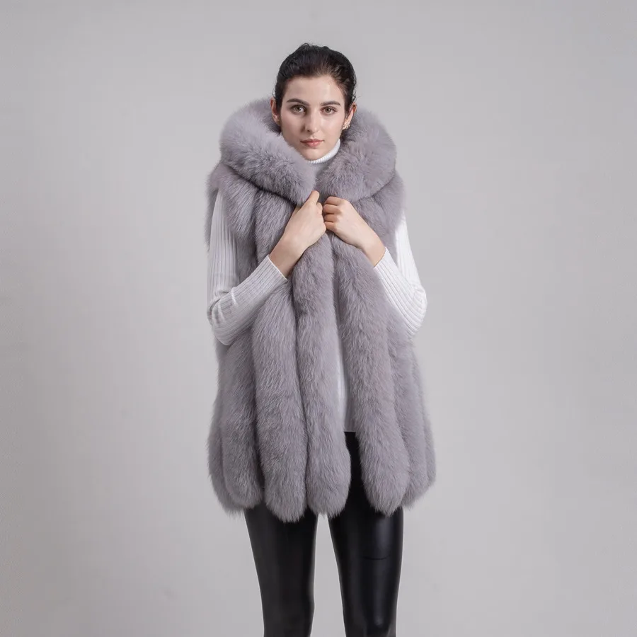 light gray Короткая шуба из натурального Лисьего меха QC9484 Высококачественная женская зимняя шуба из натурального Лисьего меха жилет Длинный Меховой жилет цельная шкурка жилет из лисьего меха модное пальто - Цвет: light gray