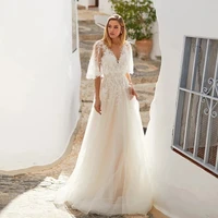 backless wedding dresses a line v neck tulle appliques lace boho dubai arabic wedding gown bridal dress vestido de noiva