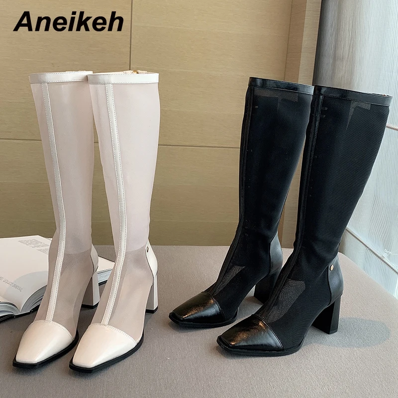 

Aneikeh NEW ROME Square Toe Mesh Knee-High Modern Boots Women Shoes Spring/Autumn Fashion Thin Heels Sewing Zipper Solid Ethnic