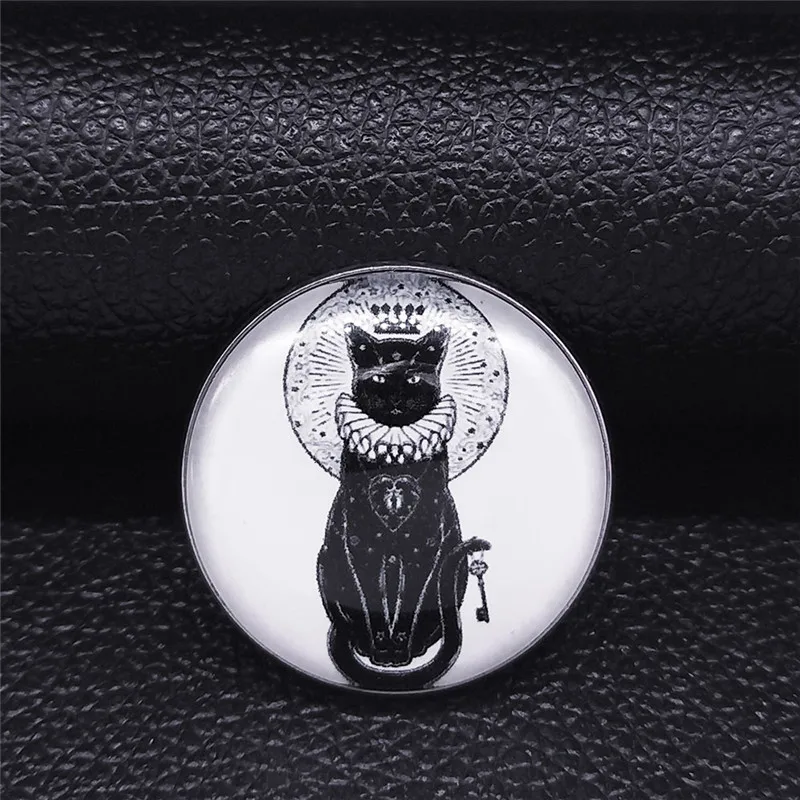 

2021 Fashion Cat Black Glass Stainless Steel Silver Color Round Brooches Women/Men Jewelry broche femme bijoux X5130S05