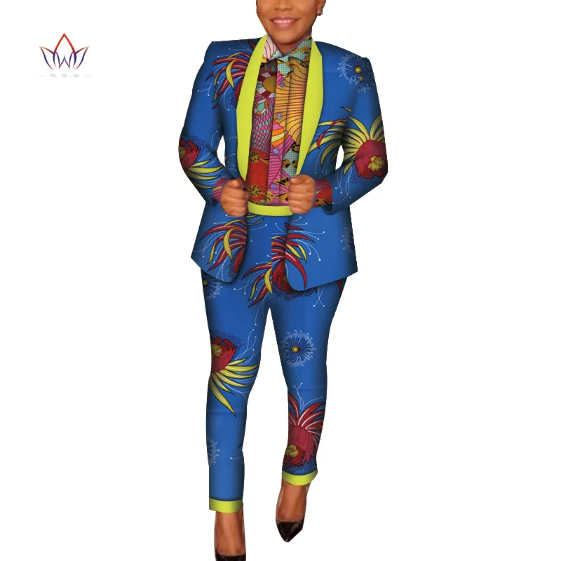 Women 3 Pieces Sets Africn Ankara Print Shirt and Jacket and Pants Bazin Riche Casual Coat Sets Women African Clothing WY4098