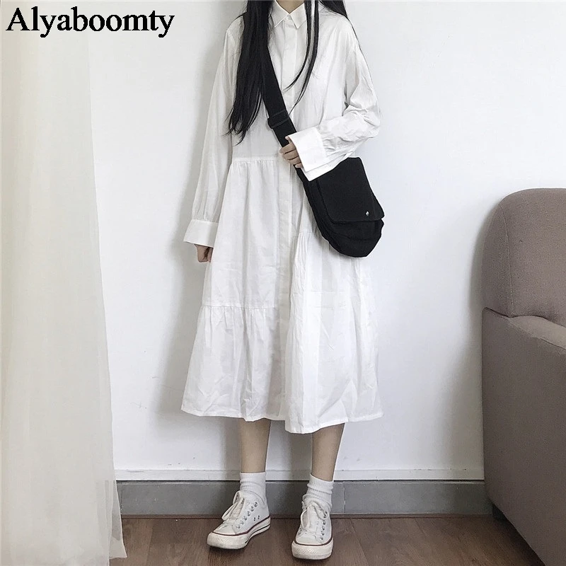 2020 японский консервативный стиль женское черное белое платье рубашка с отложным воротником повседневное