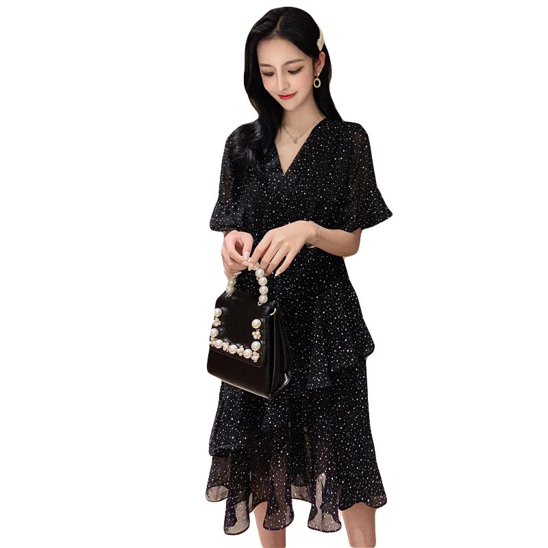 Женское винтажное шифоновое платье с v-образным вырезом коротким рукавом и
