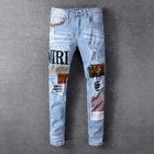 Модные рваные синие джинсы с нашивками, мужские облегающие дизайнерские потертые джинсовые брюки, мужские джинсы в стиле хип-хоп, джинсы для диджея и вечеринок в стиле панк-рок