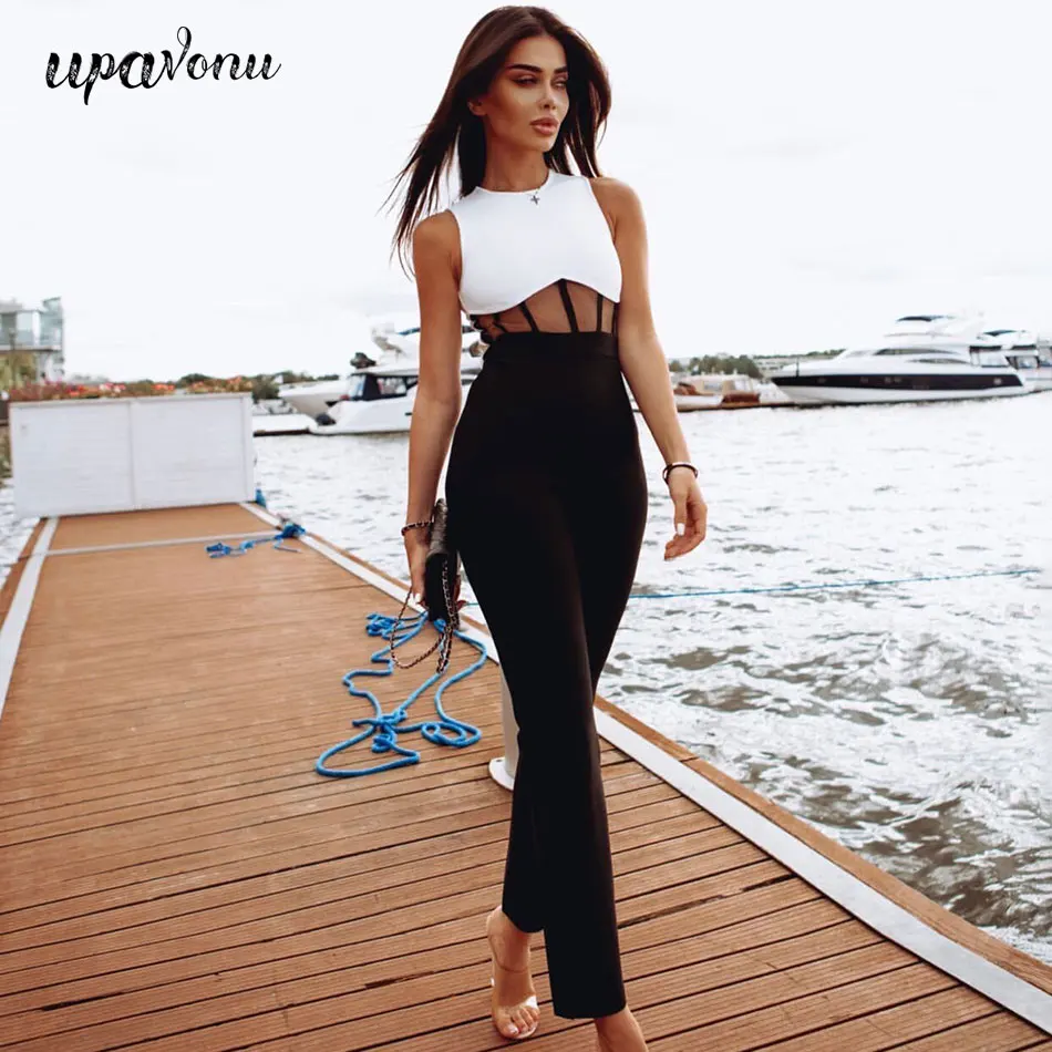 

Free Shipping New Runway Bandage Jumpsuit Women's 2020 Elegant Sexy O-neck Sleeveless Contrasting Hollow Club Bodycon Jumpsuit