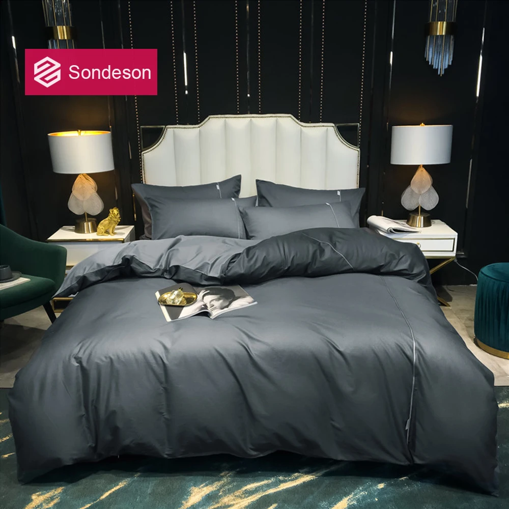 

Комплект постельного белья Sondeson из 100% хлопка, однотонный, серого цвета, пододеяльник с принтом, наволочка, простыня, постельное белье для до...