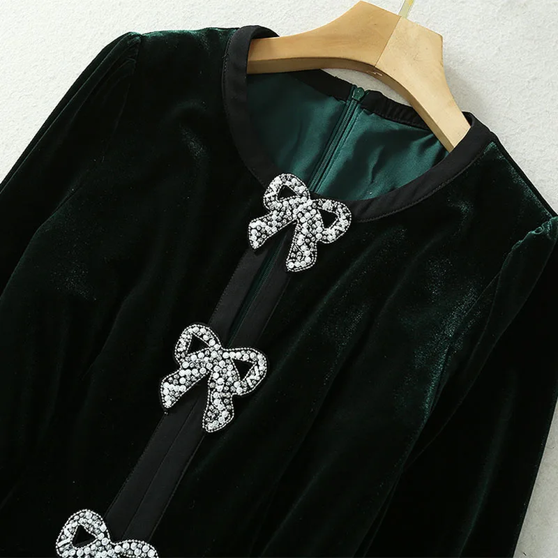 

High QUALITY Newest 2021 Designer Runway Dresses Women's Elegant Long Sleeve Fashion Beading Bow Velvet Long Dress