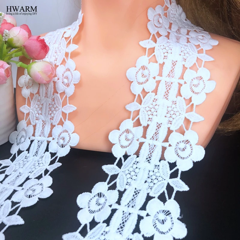 

HWARM 10yard 8cm New african lace fabric DIY white arts craft sewing wedding trim Symmetrical plum blossom pattern fabric ribbon