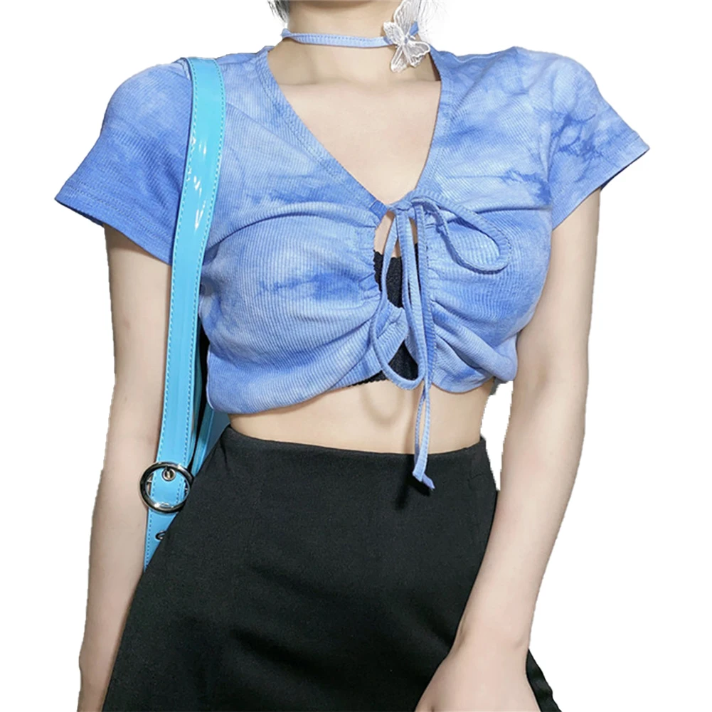 Женские сексуальные топы с коротким рукавом на шнуровке синие - Цена: 