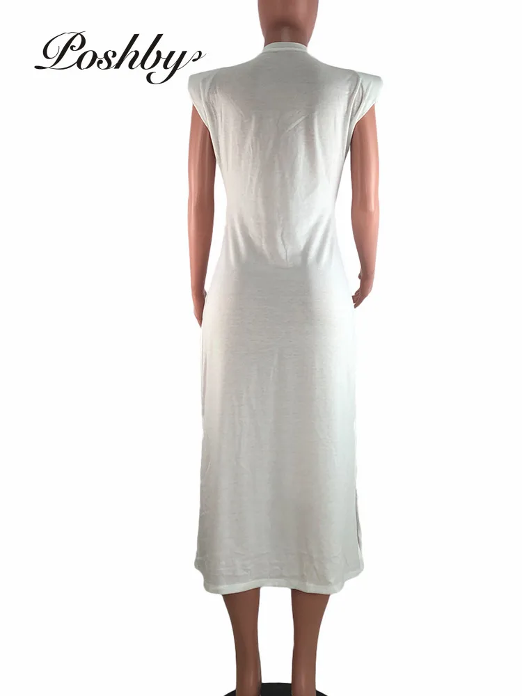 

Poshby Solid Casual Loose Summer Dress Fashion O-Neck Sleeveless Side High Split Maxi Dresses Women Clubwear 2021 Streetwear