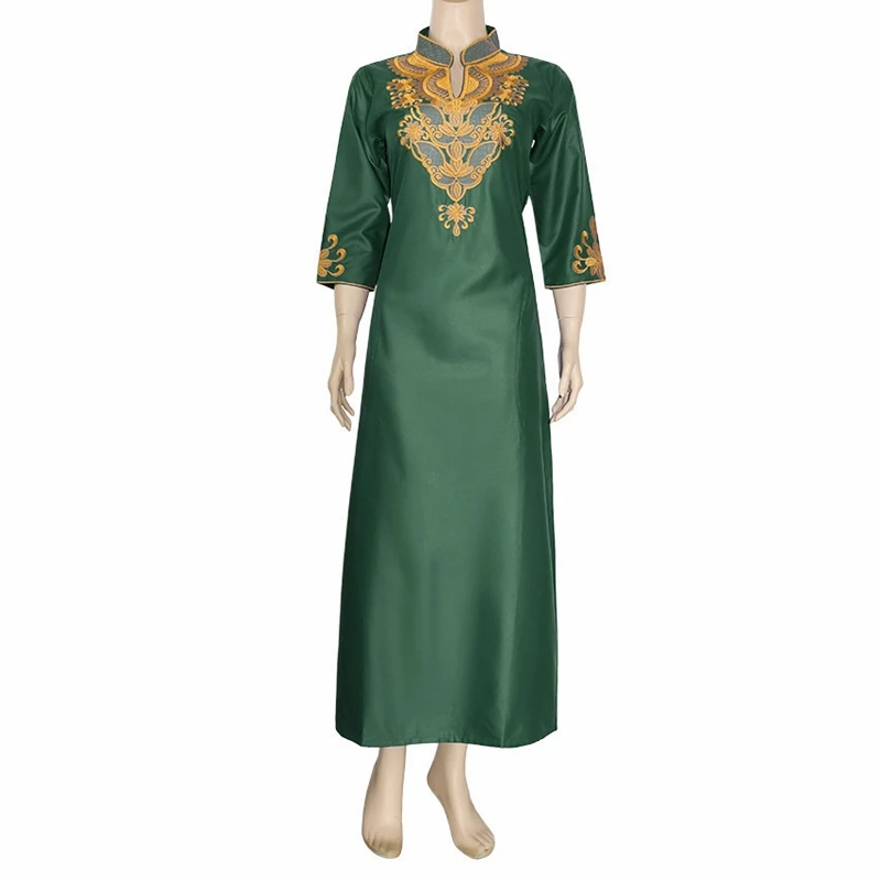 

Muslim Embroidery Dress Female V-Neck Pure Color Middle East National Style Vintage Elegant Temperament Loose Waist Costumes