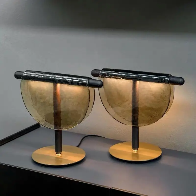 

Creative Amber / Gray Color Ripple Grain Looking Glass Shade with Wooden Iron Rod Golden Base LED Acrylic Cover Table Lamp