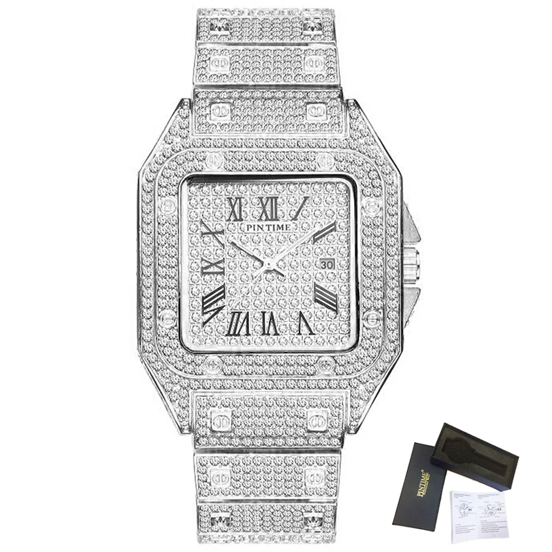 Хип-хоп Iced Out мужские часы с квадратным бриллиантом кварцевые роскошные мужские s наручные часы золотые римские часы с календарем стальные часы Relogio Masculino - Цвет: Silver With Box