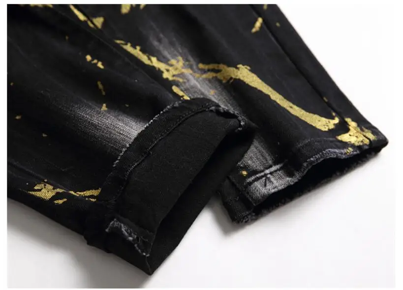 Autumn winter new ragged jeans men's штаны slim washed Джинсы pants black paint spray tight-fitting stretch trousers