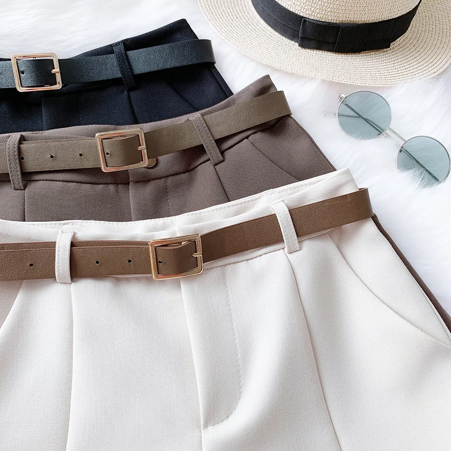 

New trend Korean Brief Design White Suit Shorts For Women 2020 Fashion Solid High Waist Wide Leg Shorts With Belt 2 Colors
