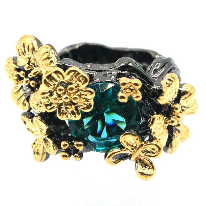 

23x20mm Neo-Gothic Vintage Flowers Created Pink Tourmaline Blue Aquamarine For Women Black Gold Silver Rings Eye Catching