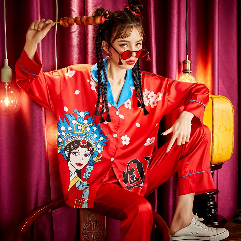 Summer Pajamas Women Sleepwear Chinoiserie Snow and Ice Silk Princess Style Spring Plus Size Pajama Set The Tide High Quality