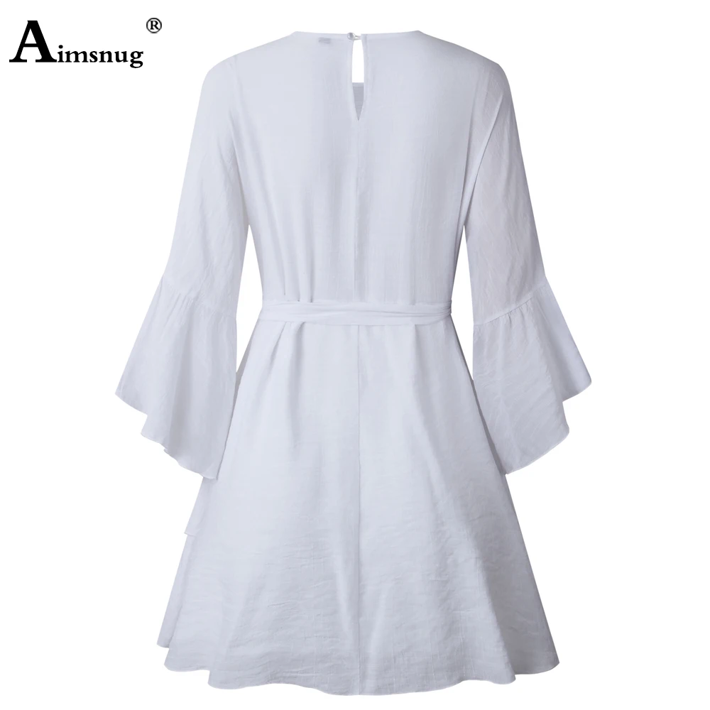 

2020 Summer Ladies Pleated Dress O-neck Three Quarter Petal Sleeve Casual Loose Dresses White Elegant Women Short Dress Femme
