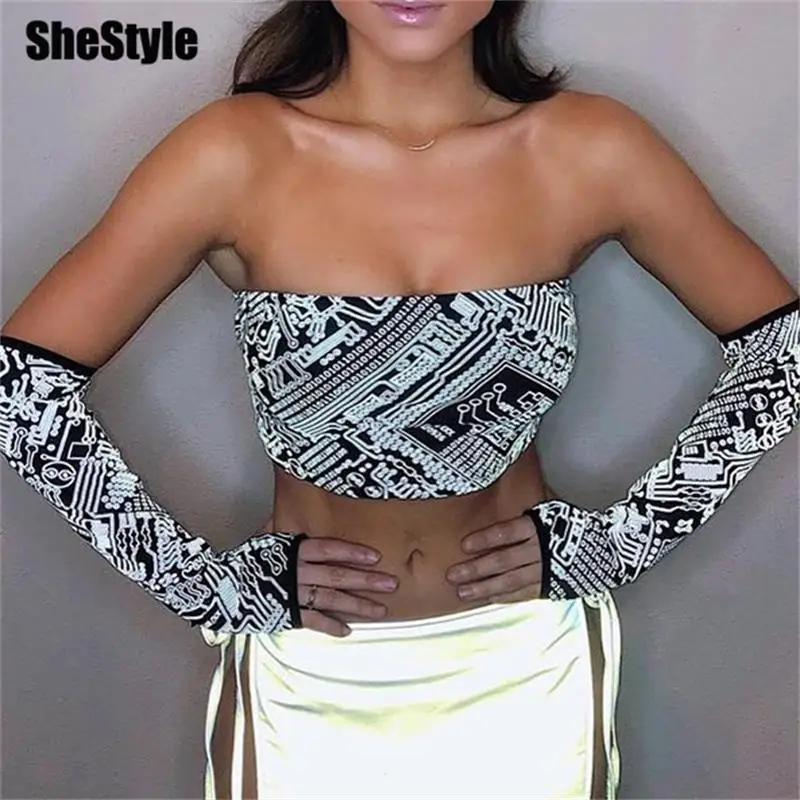 Shstyle светоотражающий без бретелек короткий топ с принтом для женщин лето 2019