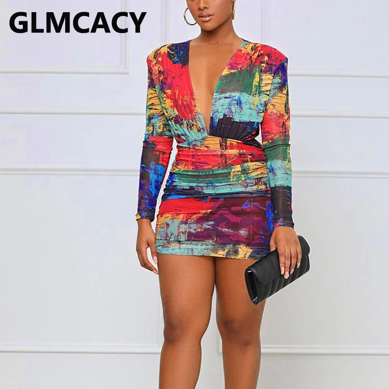 

Women Long Sleeve V Neck Tie Dye Printed Bodycon Mini Dress