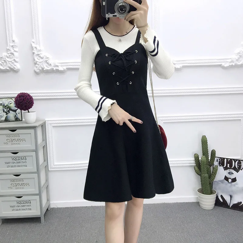 Vest skirt Black Свободный свитер-Платье Повседневный весенне-осенний корейский длинный вязаный пуловер жилет v-образный вырез женский джемпер без рукавов Vestidos - Цвет: Vest skirt Black