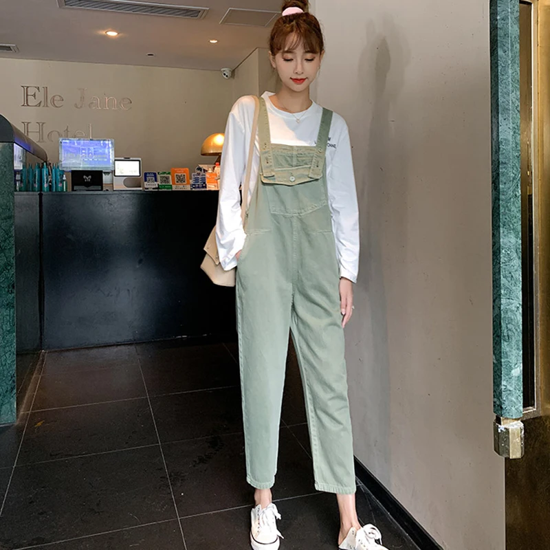 

Autumn 2021 Women's Vintage Washed Light Green Large-Size Sling Denim Overalls Multi-pocket Loose High Waist Straight Slim Jeans