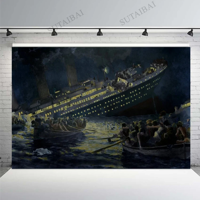 

Sea Lifeboats Row Away Still Lighted Ship Background High Quality Computer Print Photo Backdrop Vintage Wallpaper Mural Poster