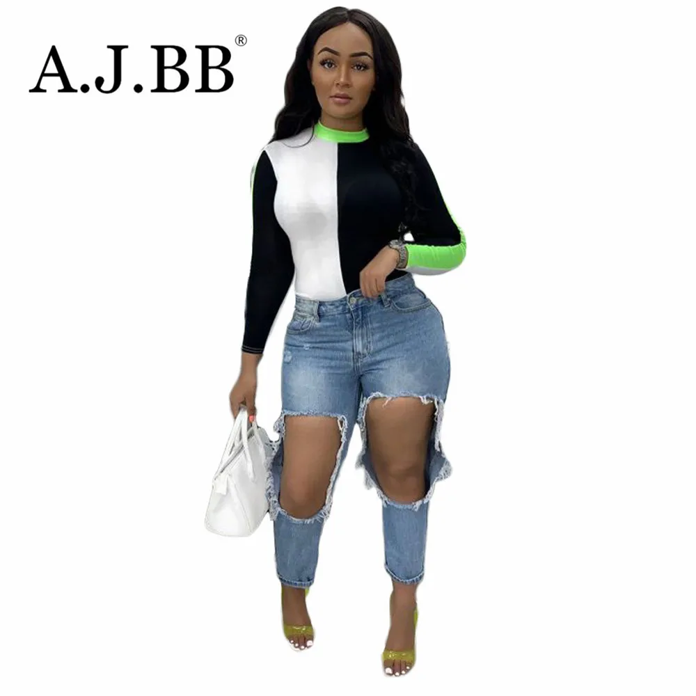 Европейская Новинка осени Модные Сращивание Женская Повседневная футболка с О