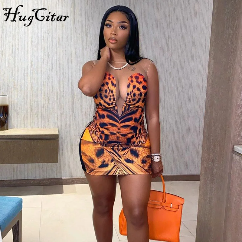 Hugcitar 2021 кружевное мини-платье без рукавов с принтом тигра и круглым вырезом