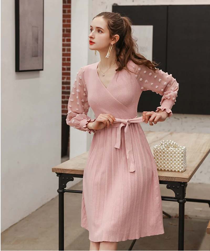 Женское розовое платье свитер Vneck зимние вечерние платья Осенние рождественские