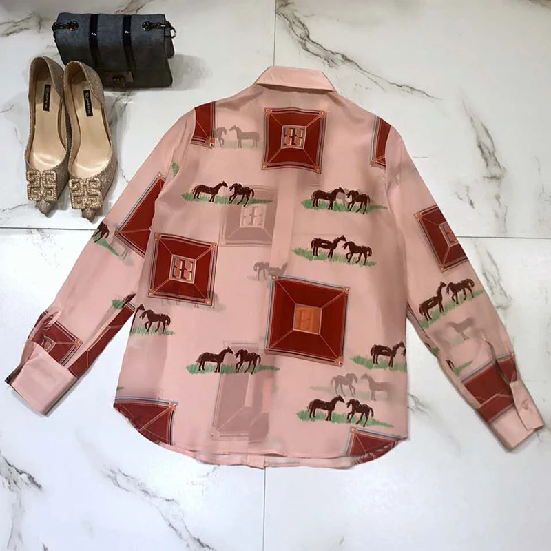 

100% Silk Blouses Luxury 2021 Runway Fashion Long Sleeve Horse Print Pink Party Holiday Office Ladies Blouse Top