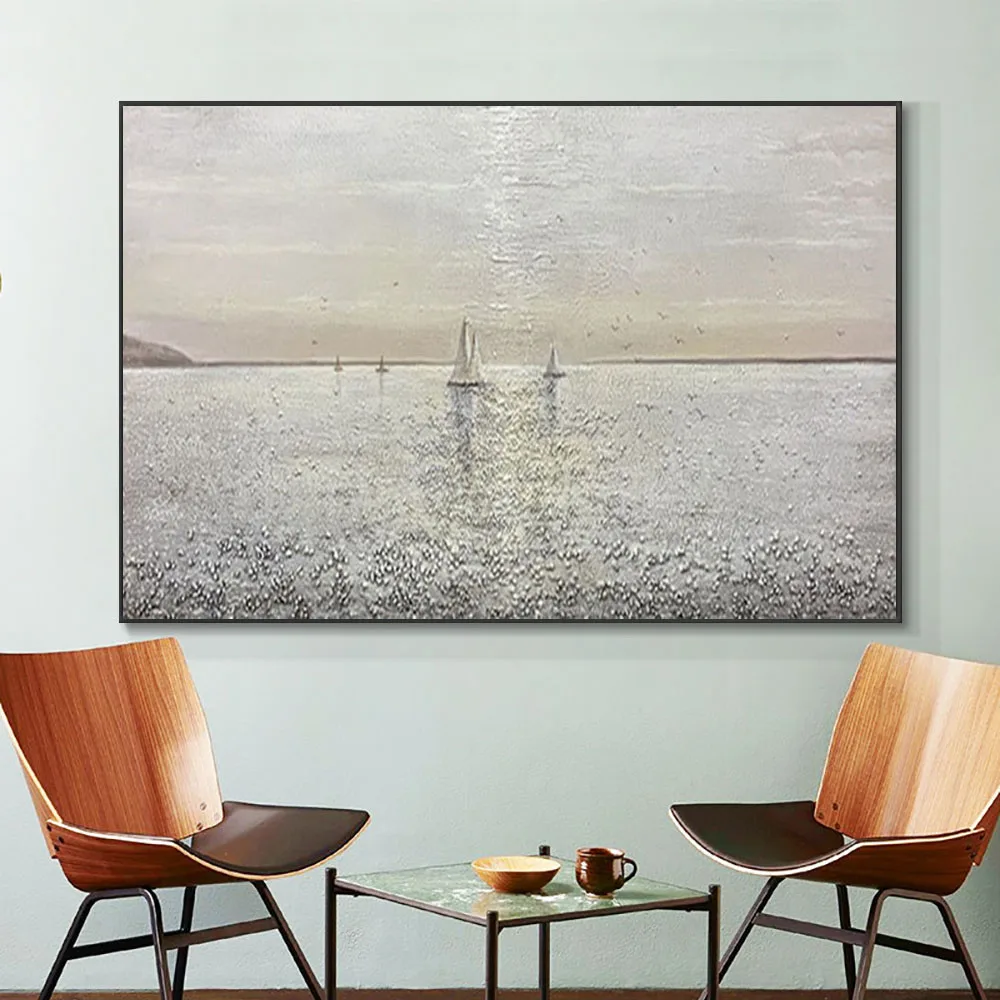 

Hand-painted oil painting abstract seascape sailing boat gray and white gravel texture canvas painting modern home decoration