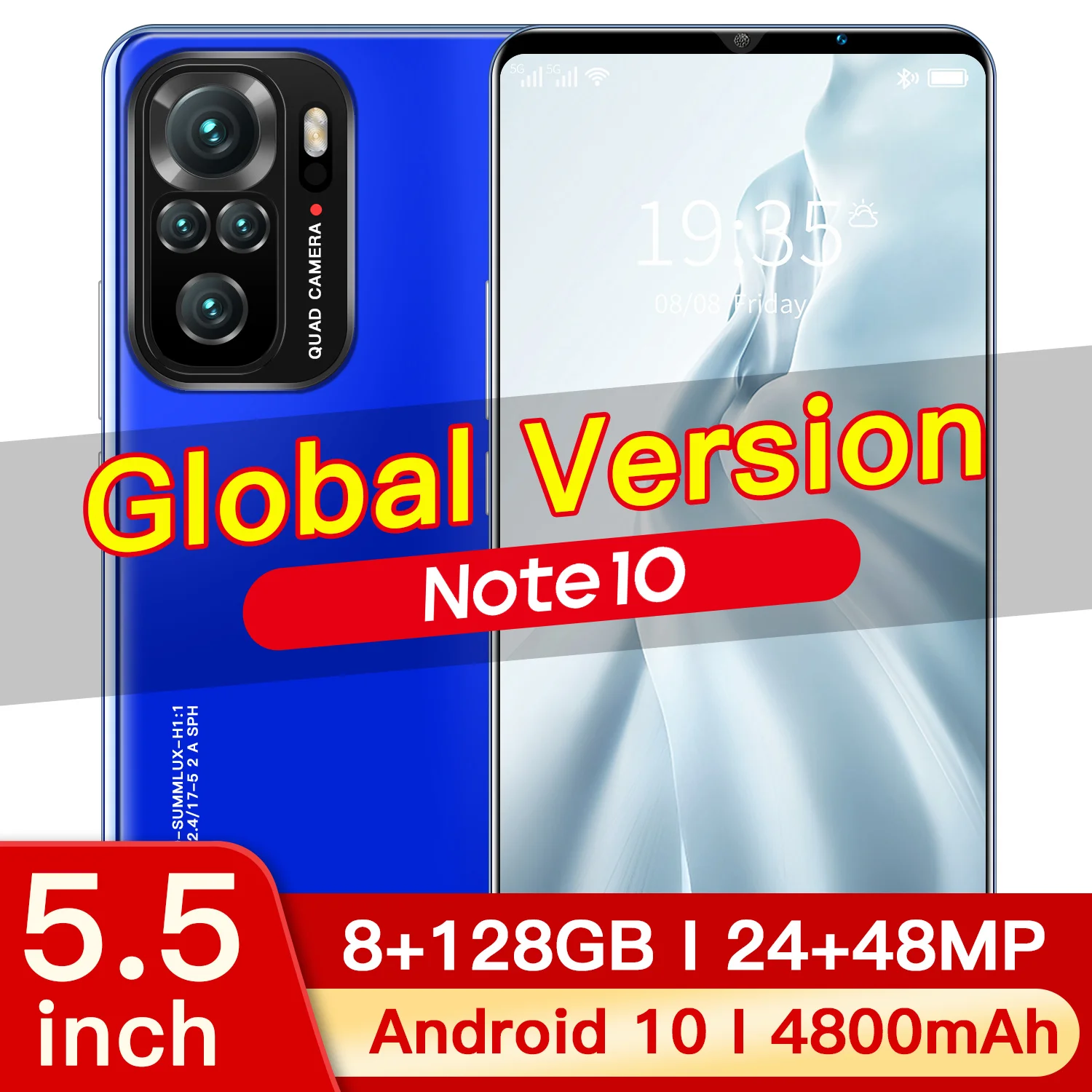 

Смартфон Note10, 8 + 128 ГБ, 5,5 дюйма, 24 + 48 Мп, Android 10, MTK6595, две SIM-карты, 4800 мА · ч, MP4