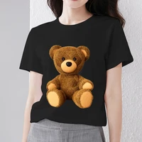 summer womens t shirts kawaii cartoon teddy bear pattern ladies tops female black all match o neck short sleeve tees clothing