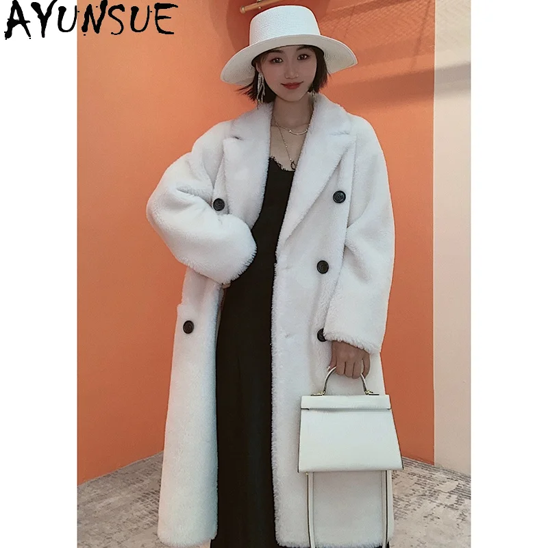 

AYUNSUE Sheep Shearling Coat Female Winter 2021 Long Fur Trench Coats Women Real Wool Jackets Korean Style Manteau Femme Gxy188