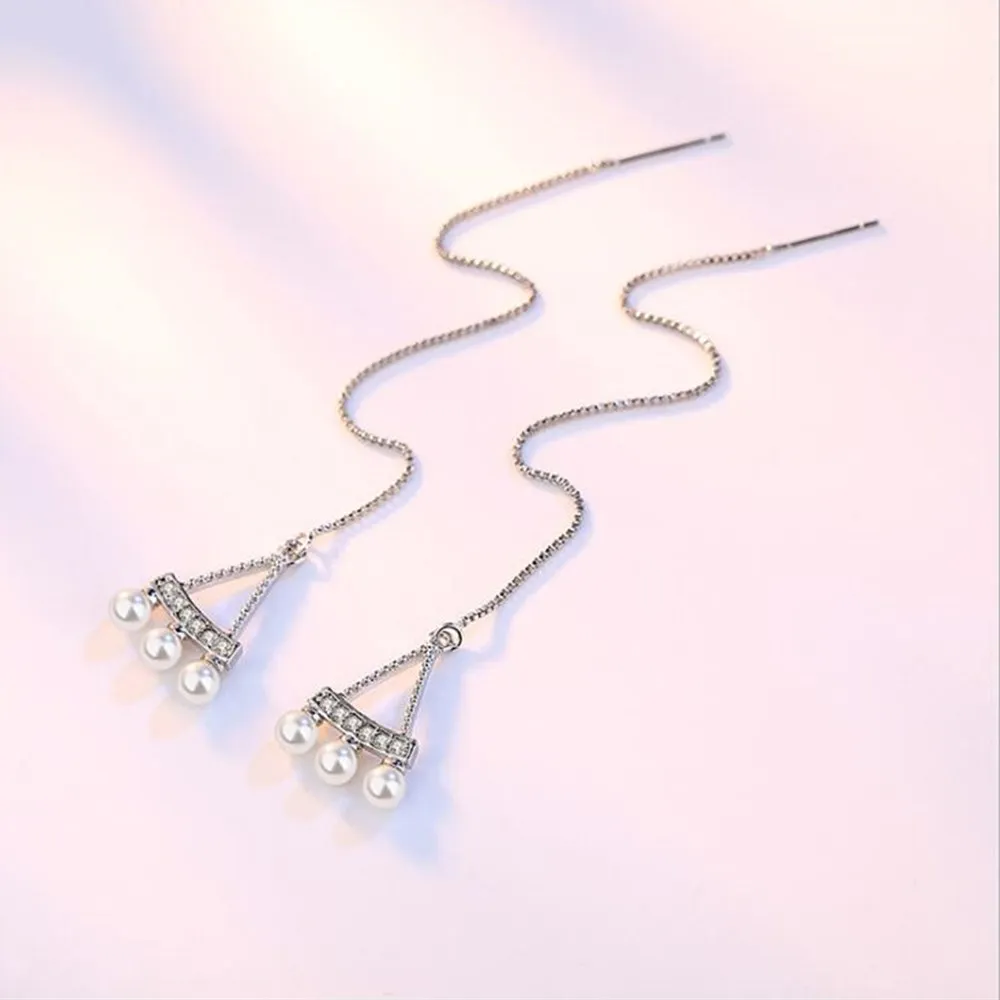 

925 Sterling Silver New Woman Jewelry Cubic Zirconia Pearls Triangle Cutout Tassel Earrings Long Section