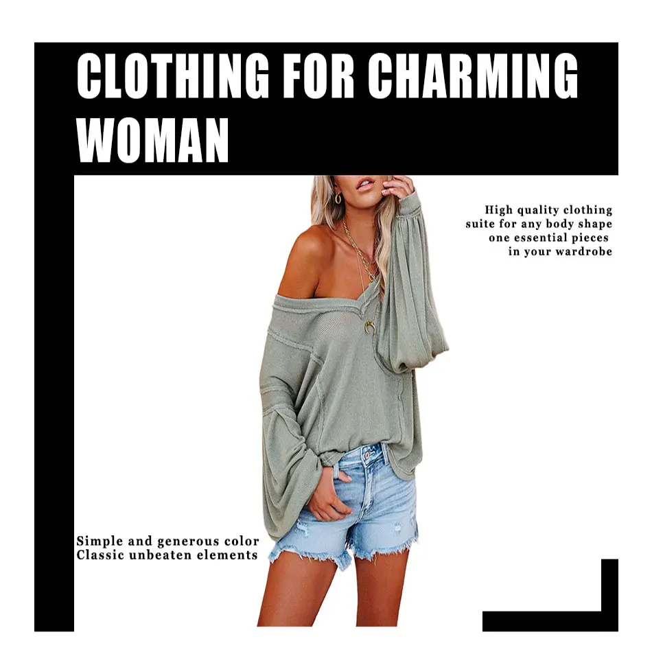 

Fashion Sexy Sweater Women New Arrival Solid Color Loose v-Neck Lantern Long-Sleeved Knitted Pullover Lady Tops Female Clothing