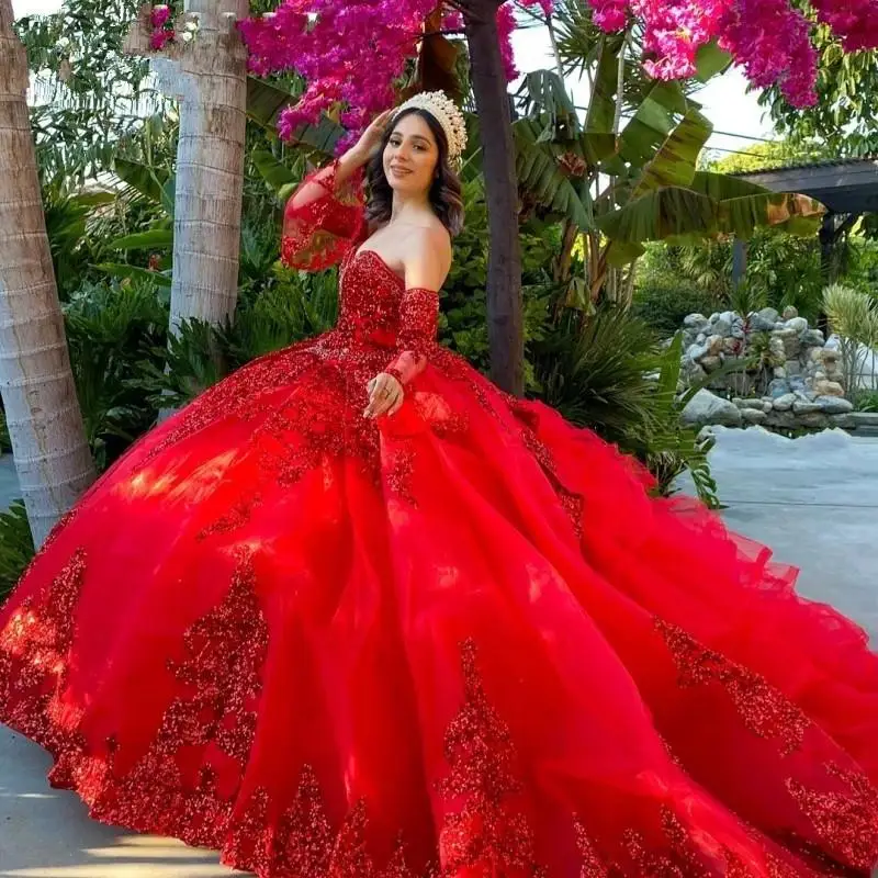 

Mexican rose gold vestidos de 15 años Quinceanera Dresses with Removeable Sleeves Sequin Applique lace-up Sweet 16 Dress Gown