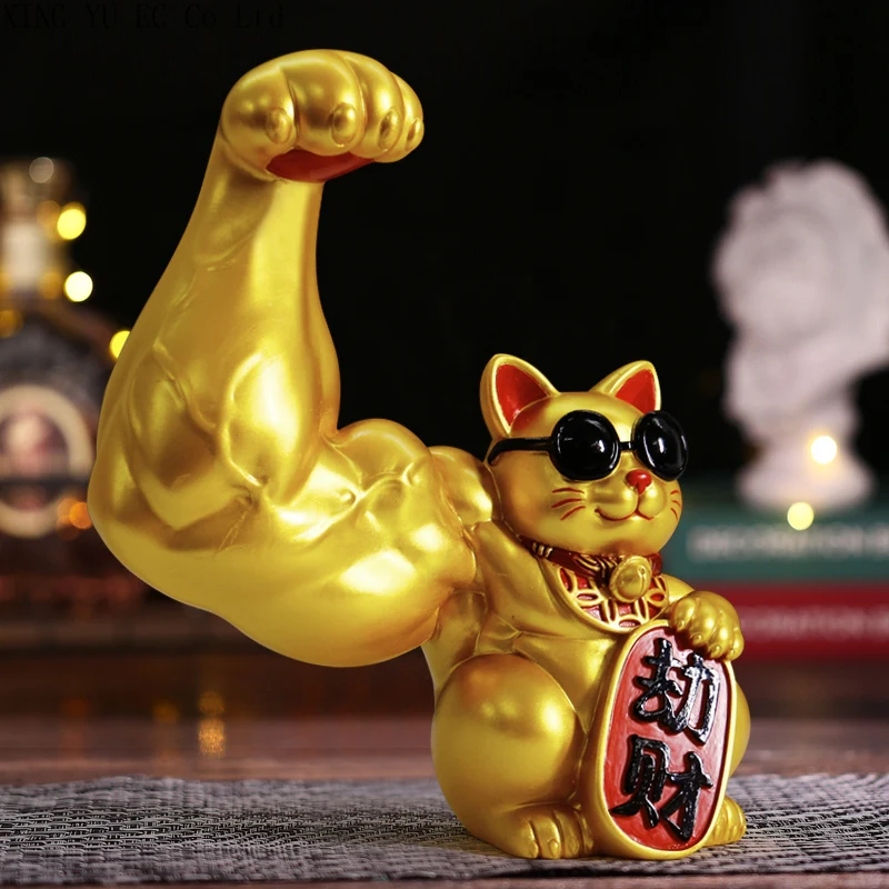 

Cute Animal Small Decoration Gift Creative Modern Home Decoration Muscle Arm Lucky Cat Ornaments Golden Resin Crafts Living Room