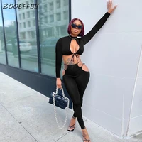 zooeffbb sexy bandage two piece outfits for women cut out clothes long sleeve crop top sports pants lounge wear matching sets