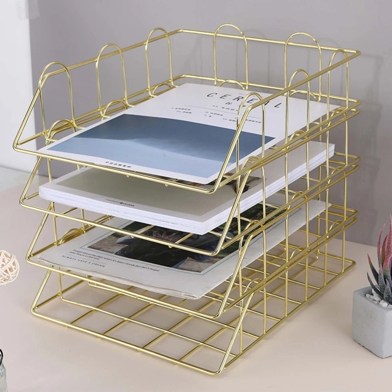 

Metal Stackable Desk File Organizer Tray Document Paper Tray Desktop Ornaments Rose Gold Golden for Home School Office Stores