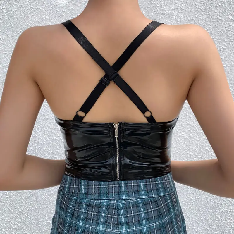 PU Leather Camis Women Sexy Tank Tops Gothic Streetwear Hollow Out Bodycon Bandage Balck Leather Backless Camis Female