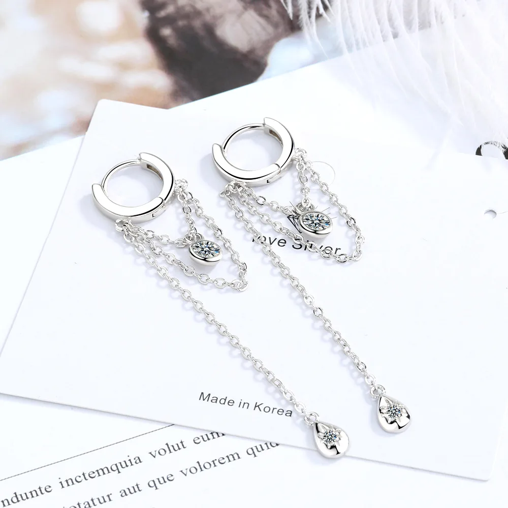 

925 Sterling Silvler Tassel Chain Earring Elegance Girlfriend Gift Fine Silver Jewelry Waterdrop Chain Cz Ear Wire bijoux femme