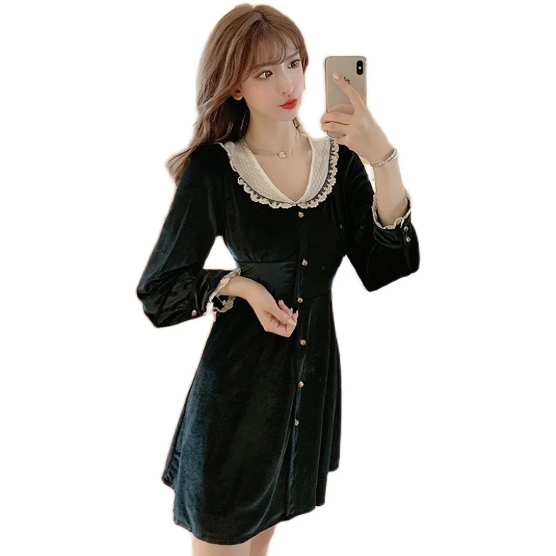 

Autumn Winter New Velvet Long Sleeve Women Black Dress High Waist V Neck Sexy Dresses Thin Temperament Pleuche Bottoming Dress