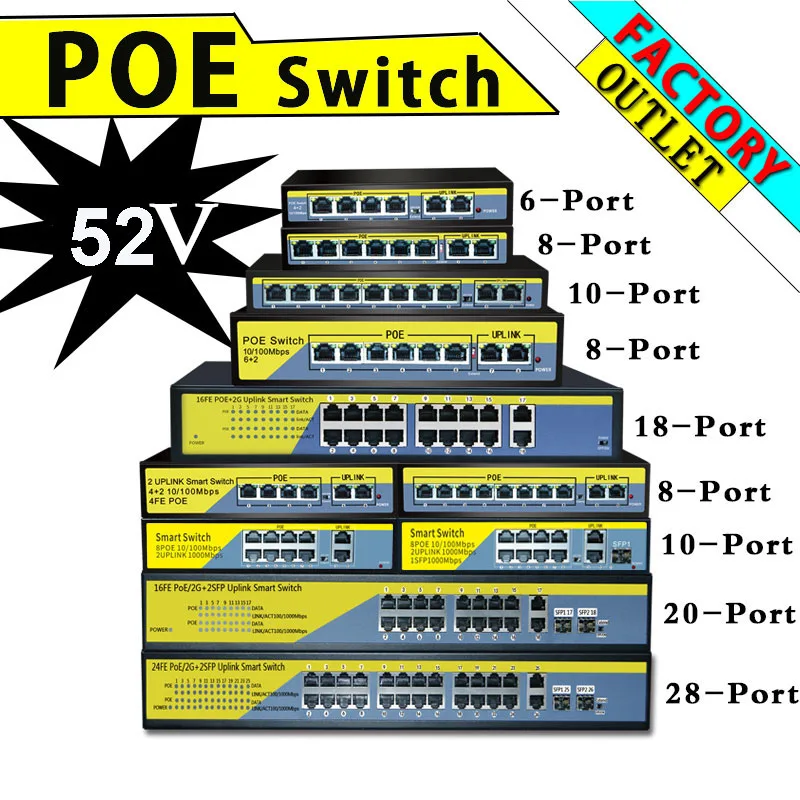 Инжектор POE коммутатор Gigabit 52V 5/6/8/10/11/16/24 портный для IP камера 250 м оснащено